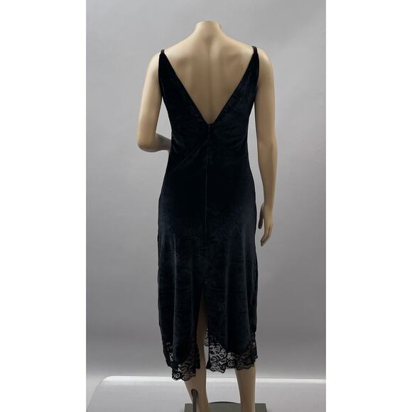 Sandro Paris Dress Women 2 Black Velvet Midi Lace Trim Slip Party Cocktail Goth - Picture 5 of 12